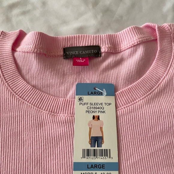 NWT! Vince Camuto Women's Short Puff Sleeve Ribbed Crewneck Top, Peony Pink,Sz L - Picture 3 of 4